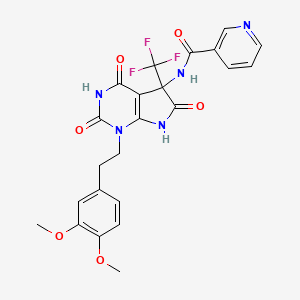 molecular formula C23H20F3N5O6 B15029368 N-{1-[2-(3,4-dimethoxyphenyl)ethyl]-4-hydroxy-2,6-dioxo-5-(trifluoromethyl)-2,5,6,7-tetrahydro-1H-pyrrolo[2,3-d]pyrimidin-5-yl}pyridine-3-carboxamide 