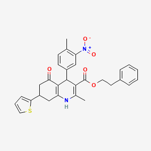 molecular formula C30H28N2O5S B15029484 2-Phenylethyl 2-methyl-4-(4-methyl-3-nitrophenyl)-5-oxo-7-(thiophen-2-yl)-1,4,5,6,7,8-hexahydroquinoline-3-carboxylate 