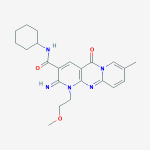 N-cyclohexyl-6-imino-7-(2-methoxyethyl)-13-methyl-2-oxo-1,7,9-triazatricyclo[8.4.0.0^{3,8}]tetradeca-3(8),4,9,11,13-pentaene-5-carboxamide