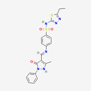 molecular formula C21H20N6O3S2 B15029813 N-(5-ethyl-1,3,4-thiadiazol-2-yl)-4-{[(E)-(3-methyl-5-oxo-1-phenyl-1,5-dihydro-4H-pyrazol-4-ylidene)methyl]amino}benzenesulfonamide 