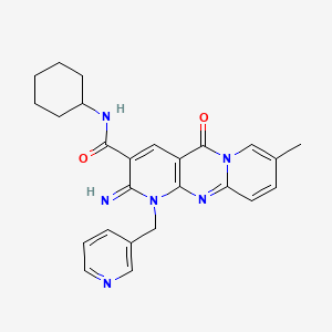 molecular formula C25H26N6O2 B15030256 N-cyclohexyl-6-imino-13-methyl-2-oxo-7-[(pyridin-3-yl)methyl]-1,7,9-triazatricyclo[8.4.0.0^{3,8}]tetradeca-3(8),4,9,11,13-pentaene-5-carboxamide 