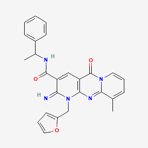 molecular formula C26H23N5O3 B15030300 7-[(furan-2-yl)methyl]-6-imino-11-methyl-2-oxo-N-(1-phenylethyl)-1,7,9-triazatricyclo[8.4.0.0^{3,8}]tetradeca-3(8),4,9,11,13-pentaene-5-carboxamide 