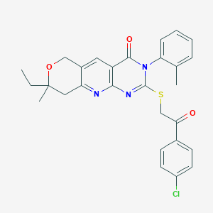 5-[2-(4-chlorophenyl)-2-oxoethyl]sulfanyl-13-ethyl-13-methyl-6-(2-methylphenyl)-12-oxa-2,4,6-triazatricyclo[8.4.0.03,8]tetradeca-1,3(8),4,9-tetraen-7-one