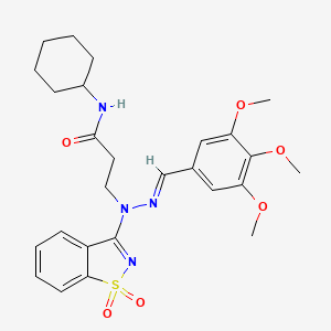 molecular formula C26H32N4O6S B15030492 N-cyclohexyl-3-[(2E)-1-(1,1-dioxido-1,2-benzisothiazol-3-yl)-2-(3,4,5-trimethoxybenzylidene)hydrazino]propanamide 