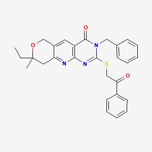 molecular formula C28H27N3O3S B15030763 6-benzyl-13-ethyl-13-methyl-5-phenacylsulfanyl-12-oxa-2,4,6-triazatricyclo[8.4.0.03,8]tetradeca-1,3(8),4,9-tetraen-7-one 