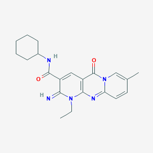 molecular formula C21H25N5O2 B15031332 N-cyclohexyl-7-ethyl-6-imino-13-methyl-2-oxo-1,7,9-triazatricyclo[8.4.0.03,8]tetradeca-3(8),4,9,11,13-pentaene-5-carboxamide 