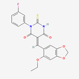 molecular formula C20H15FN2O5S B15031415 (5E)-5-[(6-ethoxy-1,3-benzodioxol-5-yl)methylidene]-1-(3-fluorophenyl)-2-thioxodihydropyrimidine-4,6(1H,5H)-dione 