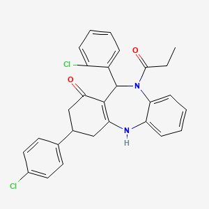 11-(2-chlorophenyl)-3-(4-chlorophenyl)-10-propanoyl-2,3,4,5,10,11-hexahydro-1H-dibenzo[b,e][1,4]diazepin-1-one