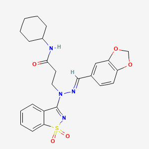 3-[(2E)-2-(1,3-benzodioxol-5-ylmethylidene)-1-(1,1-dioxido-1,2-benzothiazol-3-yl)hydrazinyl]-N-cyclohexylpropanamide