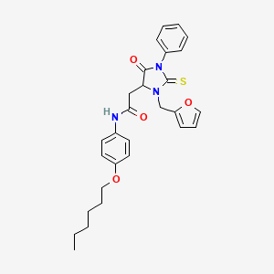 molecular formula C28H31N3O4S B15031815 2-[3-(furan-2-ylmethyl)-5-oxo-1-phenyl-2-thioxoimidazolidin-4-yl]-N-[4-(hexyloxy)phenyl]acetamide 