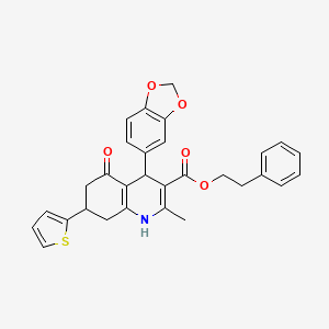 2-Phenylethyl 4-(1,3-benzodioxol-5-yl)-2-methyl-5-oxo-7-(thiophen-2-yl)-1,4,5,6,7,8-hexahydroquinoline-3-carboxylate