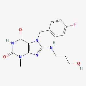 molecular formula C16H18FN5O3 B15032072 7-(4-Fluoro-benzyl)-8-(3-hydroxy-propylamino)-3-methyl-3,7-dihydro-purine-2,6-dione 