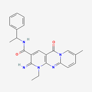 molecular formula C23H23N5O2 B15032103 7-ethyl-6-imino-13-methyl-2-oxo-N-(1-phenylethyl)-1,7,9-triazatricyclo[8.4.0.03,8]tetradeca-3(8),4,9,11,13-pentaene-5-carboxamide 