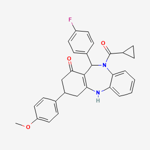 molecular formula C30H27FN2O3 B15032419 cyclopropyl[11-(4-fluorophenyl)-1-hydroxy-3-(4-methoxyphenyl)-2,3,4,11-tetrahydro-10H-dibenzo[b,e][1,4]diazepin-10-yl]methanone 