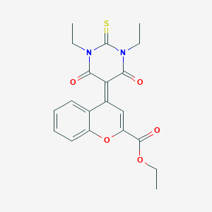 molecular formula C20H20N2O5S B15032501 ethyl 4-(1,3-diethyl-4,6-dioxo-2-thioxotetrahydropyrimidin-5(2H)-ylidene)-4H-chromene-2-carboxylate 