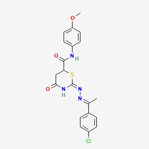 (2E)-2-{(2E)-[1-(4-chlorophenyl)ethylidene]hydrazinylidene}-N-(4-methoxyphenyl)-4-oxo-1,3-thiazinane-6-carboxamide