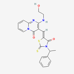 molecular formula C22H20N4O3S2 B15032595 2-[(2-hydroxyethyl)amino]-3-{(Z)-[4-oxo-3-(1-phenylethyl)-2-thioxo-1,3-thiazolidin-5-ylidene]methyl}-4H-pyrido[1,2-a]pyrimidin-4-one 