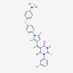 molecular formula C29H21ClN4O4S2 B15032642 (5E)-1-(3-chlorophenyl)-5-[(2,5-dimethyl-1-{4-[(4-nitrophenyl)sulfanyl]phenyl}-1H-pyrrol-3-yl)methylidene]-2-thioxodihydropyrimidine-4,6(1H,5H)-dione 