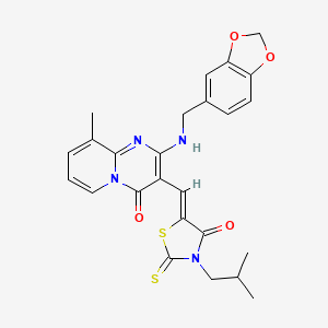 molecular formula C25H24N4O4S2 B15032716 2-[(1,3-benzodioxol-5-ylmethyl)amino]-3-[(Z)-(3-isobutyl-4-oxo-2-thioxo-1,3-thiazolidin-5-ylidene)methyl]-9-methyl-4H-pyrido[1,2-a]pyrimidin-4-one 