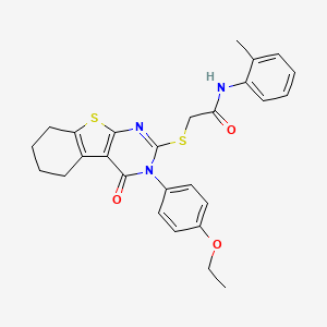 molecular formula C27H27N3O3S2 B15033046 2-{[3-(4-ethoxyphenyl)-4-oxo-3,4,5,6,7,8-hexahydro[1]benzothieno[2,3-d]pyrimidin-2-yl]sulfanyl}-N-(2-methylphenyl)acetamide 