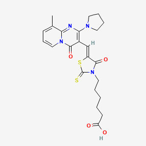 molecular formula C23H26N4O4S2 B15033314 6-[(5Z)-5-{[9-methyl-4-oxo-2-(pyrrolidin-1-yl)-4H-pyrido[1,2-a]pyrimidin-3-yl]methylidene}-4-oxo-2-thioxo-1,3-thiazolidin-3-yl]hexanoic acid 