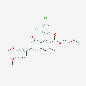 molecular formula C28H29Cl2NO6 B15033439 2-Methoxyethyl 4-(2,4-dichlorophenyl)-7-(3,4-dimethoxyphenyl)-2-methyl-5-oxo-1,4,5,6,7,8-hexahydroquinoline-3-carboxylate 