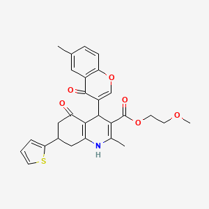 molecular formula C28H27NO6S B15033743 2-methoxyethyl 2-methyl-4-(6-methyl-4-oxo-4H-chromen-3-yl)-5-oxo-7-(thiophen-2-yl)-1,4,5,6,7,8-hexahydroquinoline-3-carboxylate 