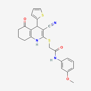 molecular formula C23H21N3O3S2 B15033756 2-{[3-cyano-5-oxo-4-(thiophen-2-yl)-1,4,5,6,7,8-hexahydroquinolin-2-yl]sulfanyl}-N-(3-methoxyphenyl)acetamide 