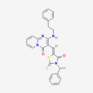 molecular formula C28H24N4O2S2 B15033839 3-{(Z)-[4-oxo-3-(1-phenylethyl)-2-thioxo-1,3-thiazolidin-5-ylidene]methyl}-2-[(2-phenylethyl)amino]-4H-pyrido[1,2-a]pyrimidin-4-one 