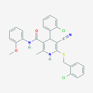 molecular formula C28H23Cl2N3O2S B15033966 6-[(2-chlorobenzyl)sulfanyl]-4-(2-chlorophenyl)-5-cyano-N-(2-methoxyphenyl)-2-methyl-1,4-dihydropyridine-3-carboxamide 