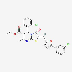 molecular formula C27H20Cl2N2O4S B15034012 ethyl (2Z)-5-(2-chlorophenyl)-2-{[5-(3-chlorophenyl)furan-2-yl]methylidene}-7-methyl-3-oxo-2,3-dihydro-5H-[1,3]thiazolo[3,2-a]pyrimidine-6-carboxylate 