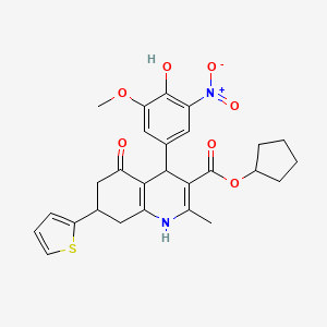 molecular formula C27H28N2O7S B15034022 Cyclopentyl 4-(4-hydroxy-3-methoxy-5-nitrophenyl)-2-methyl-5-oxo-7-(thiophen-2-yl)-1,4,5,6,7,8-hexahydroquinoline-3-carboxylate 