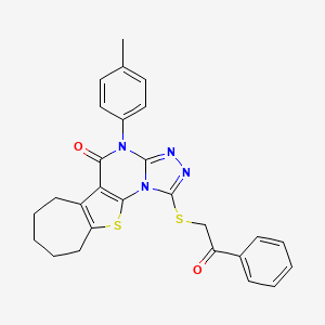 molecular formula C27H24N4O2S2 B15034409 4-(4-methylphenyl)-1-[(2-oxo-2-phenylethyl)sulfanyl]-7,8,9,10-tetrahydro-6H-cyclohepta[4,5]thieno[3,2-e][1,2,4]triazolo[4,3-a]pyrimidin-5(4H)-one 