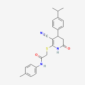 2-({3-cyano-6-oxo-4-[4-(propan-2-yl)phenyl]-1,4,5,6-tetrahydropyridin-2-yl}sulfanyl)-N-(4-methylphenyl)acetamide