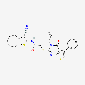 molecular formula C27H24N4O2S3 B15034762 2-[(3-Allyl-4-oxo-5-phenyl-3,4-dihydrothieno[2,3-D]pyrimidin-2-YL)sulfanyl]-N-(3-cyano-5,6,7,8-tetrahydro-4H-cyclohepta[B]thien-2-YL)acetamide 