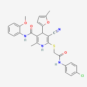 molecular formula C28H25ClN4O4S B15035182 6-({2-[(4-chlorophenyl)amino]-2-oxoethyl}sulfanyl)-5-cyano-N-(2-methoxyphenyl)-2-methyl-4-(5-methylfuran-2-yl)-1,4-dihydropyridine-3-carboxamide 