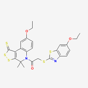 molecular formula C25H24N2O3S5 B15036496 8-ethoxy-5-{[(6-ethoxy-1,3-benzothiazol-2-yl)thio]acetyl}-4,4-dimethyl-4,5-dihydro-1H-[1,2]dithiolo[3,4-c]quinoline-1-thione 