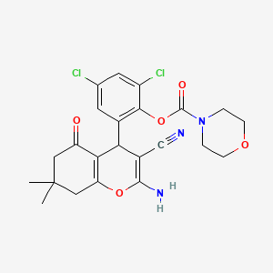 molecular formula C23H23Cl2N3O5 B15037155 2-(2-amino-3-cyano-7,7-dimethyl-5-oxo-5,6,7,8-tetrahydro-4H-chromen-4-yl)-4,6-dichlorophenyl morpholine-4-carboxylate 