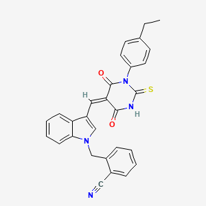 molecular formula C29H22N4O2S B15037603 2-[(3-{(E)-[1-(4-ethylphenyl)-4,6-dioxo-2-thioxotetrahydropyrimidin-5(2H)-ylidene]methyl}-1H-indol-1-yl)methyl]benzonitrile 