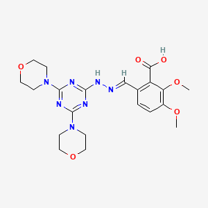 molecular formula C21H27N7O6 B15037694 6-[(E)-{2-[4,6-di(morpholin-4-yl)-1,3,5-triazin-2-yl]hydrazinylidene}methyl]-2,3-dimethoxybenzoic acid 