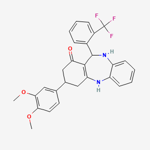 molecular formula C28H25F3N2O3 B15037702 3-(3,4-dimethoxyphenyl)-11-[2-(trifluoromethyl)phenyl]-2,3,4,5,10,11-hexahydro-1H-dibenzo[b,e][1,4]diazepin-1-one 