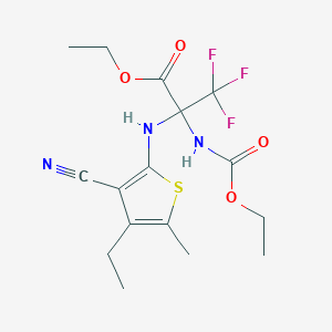 molecular formula C16H20F3N3O4S B15038379 Propionic acid, 2-(3-cyano-4-ethyl-5-methyl-thiophen-2-ylamino)-2-ethoxycarbonylamino-3,3,3-trifluoro-, ethyl ester 