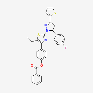 molecular formula C31H24FN3O2S2 B15039495 4-{5-ethyl-2-[5-(4-fluorophenyl)-3-(thiophen-2-yl)-4,5-dihydro-1H-pyrazol-1-yl]-1,3-thiazol-4-yl}phenyl benzoate 