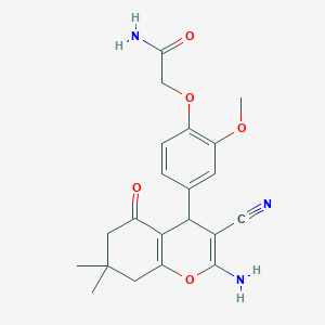 molecular formula C21H23N3O5 B15039528 2-[4-(2-amino-3-cyano-7,7-dimethyl-5-oxo-5,6,7,8-tetrahydro-4H-chromen-4-yl)-2-methoxyphenoxy]acetamide 