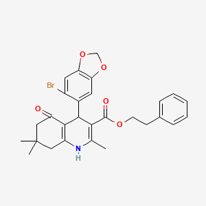 molecular formula C28H28BrNO5 B15039604 2-Phenylethyl 4-(6-bromo-1,3-benzodioxol-5-yl)-2,7,7-trimethyl-5-oxo-1,4,5,6,7,8-hexahydroquinoline-3-carboxylate 