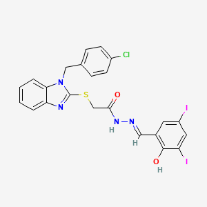 molecular formula C23H17ClI2N4O2S B15039660 2-{[1-(4-chlorobenzyl)-1H-benzimidazol-2-yl]sulfanyl}-N'-[(E)-(2-hydroxy-3,5-diiodophenyl)methylidene]acetohydrazide 