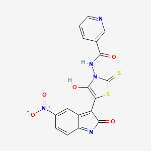 N-[(5Z)-5-(5-nitro-2-oxo-1,2-dihydro-3H-indol-3-ylidene)-4-oxo-2-thioxo-1,3-thiazolidin-3-yl]pyridine-3-carboxamide