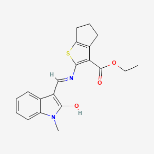 Ethyl 2-({[(3E)-1-methyl-2-oxo-2,3-dihydro-1H-indol-3-ylidene]methyl}amino)-4H,5H,6H-cyclopenta[B]thiophene-3-carboxylate