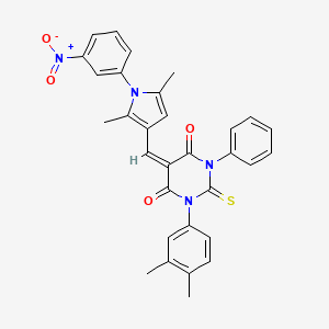 molecular formula C31H26N4O4S B15040686 (5E)-5-{[2,5-dimethyl-1-(3-nitrophenyl)-1H-pyrrol-3-yl]methylidene}-1-(3,4-dimethylphenyl)-3-phenyl-2-thioxodihydropyrimidine-4,6(1H,5H)-dione 