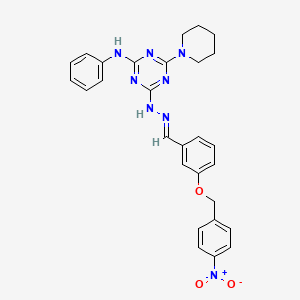 molecular formula C28H28N8O3 B15040880 4-[(2E)-2-{3-[(4-nitrobenzyl)oxy]benzylidene}hydrazinyl]-N-phenyl-6-(piperidin-1-yl)-1,3,5-triazin-2-amine 